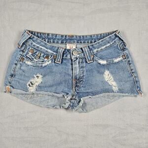 Y2K True Religion Shorts Womens 28 Blue Micro Denim Distressed Cutoff Daisy USA